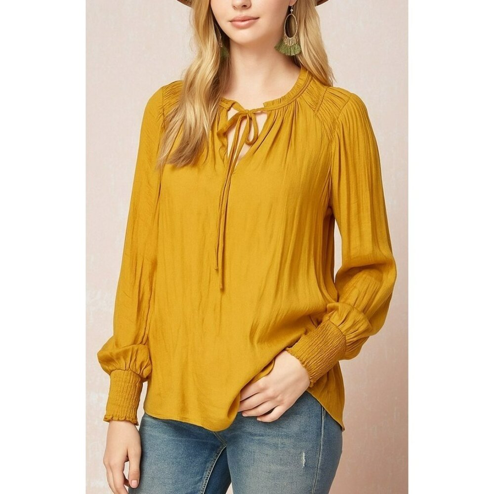 Maison D’Amelie Top Women Medium Mustard Gold Crinkled Blouse Peasant Boho